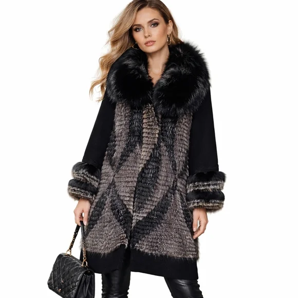 CARMEN MARC VALVO Cashmere Coat Fox & Beaver Fur Mob Wife Aesthetic Black S M - Picture 13 of 13